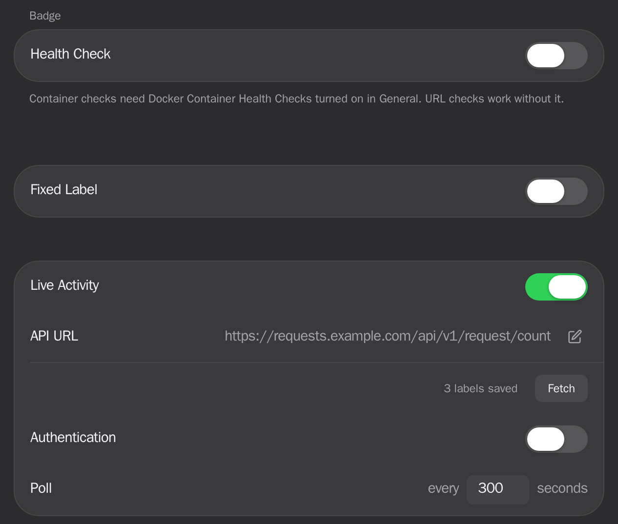 The Badge section of an app's edit form: Health Check, Fixed Label and Live Activity