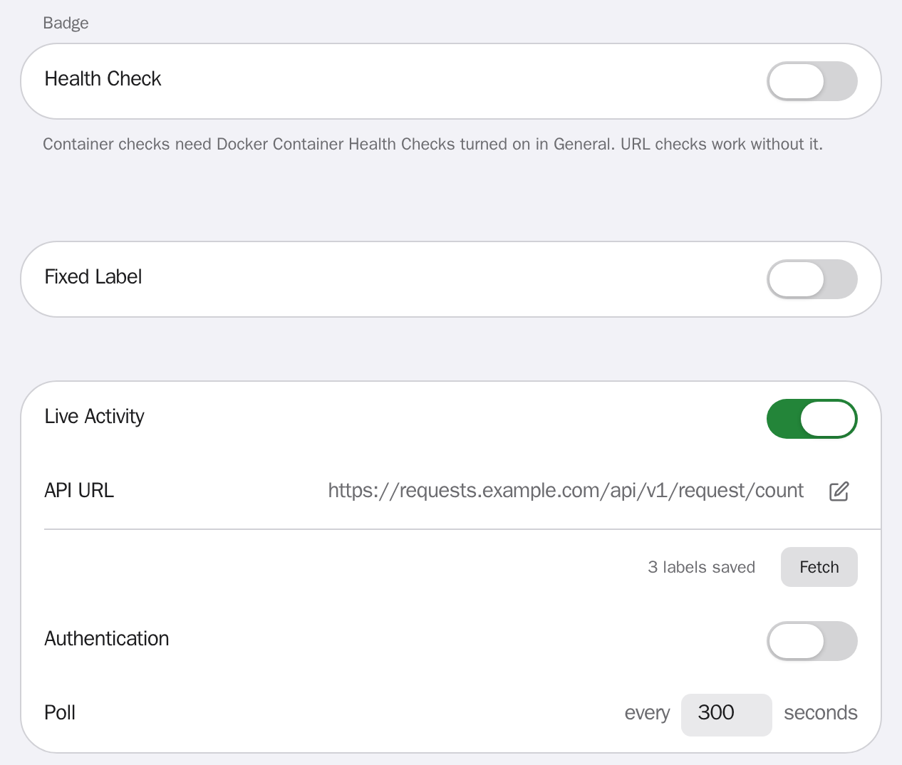 The Badge section of an app's edit form: Health Check, Fixed Label and Live Activity